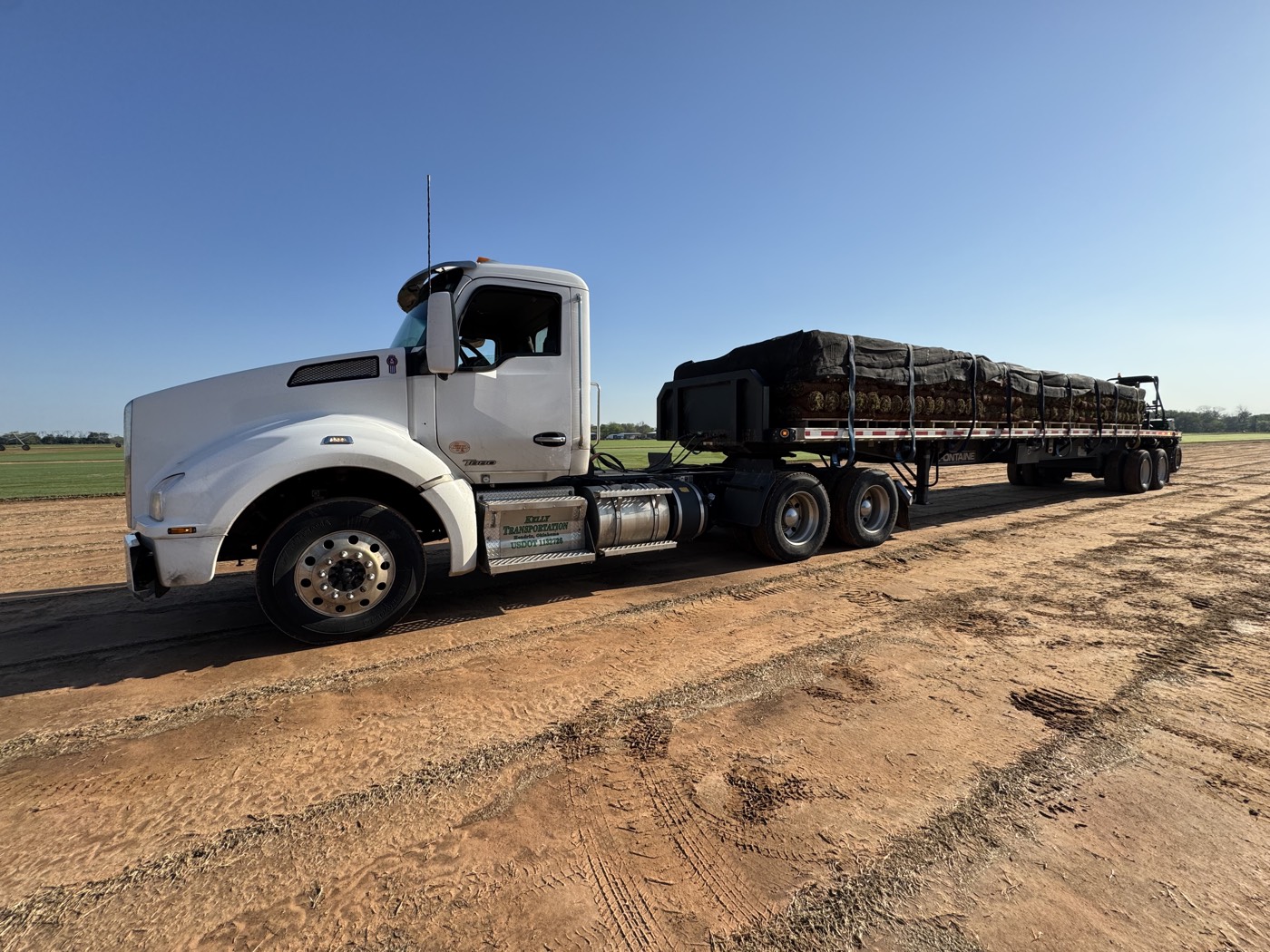 Kelly Transportation semi loaded with fresh-cut sod on the field road